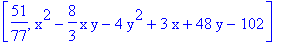 [51/77, x^2-8/3*x*y-4*y^2+3*x+48*y-102]